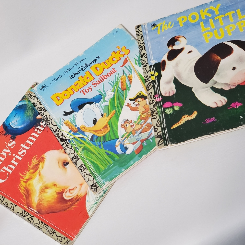 Vintage Little Golden Books Poky Puppy Babys Christmas Donald Duck Toy Sailboat